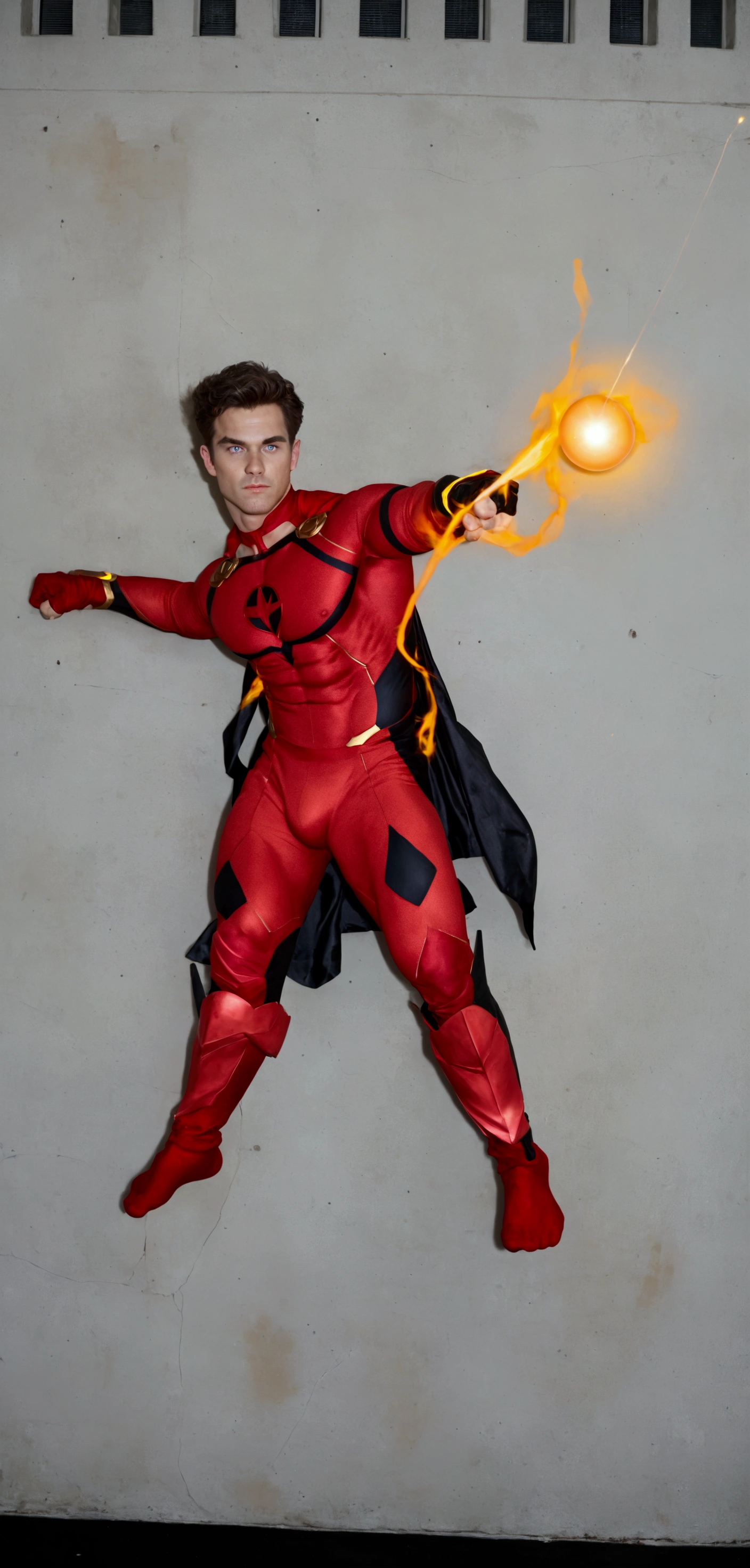 God of the sun, Male superhero, dressed in a orange compression body suit, detailed face and fingers, a powerful stance. Their right hand is extended, releasing a vivid orange energy blast,  white eyes white pupils, and a small glowing yellow orb is seen in their left hand. They wear a black cape with yellow details, white eyes and white eye brows, two + sighs on front thighsflowing behind them, white male, brown hair. adding to the dynamic action pose. Realistic details, live action, 4K resolution, photographiquerealistic,