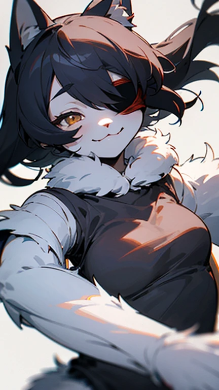 the debt, furry, face very close to the viewer, White fur, showing tits (bare tits)