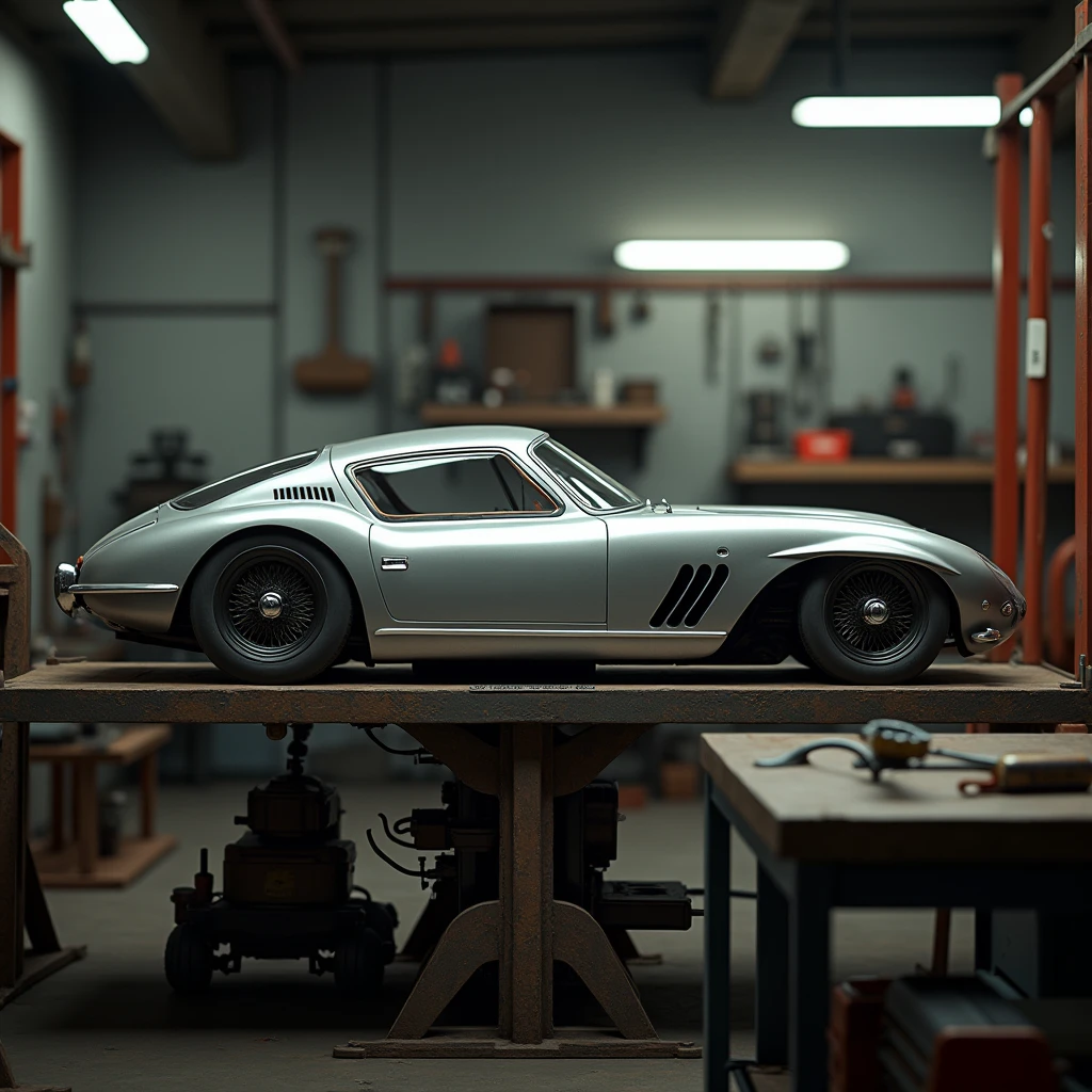 Create an image of a simple mechanical car on top of a lift