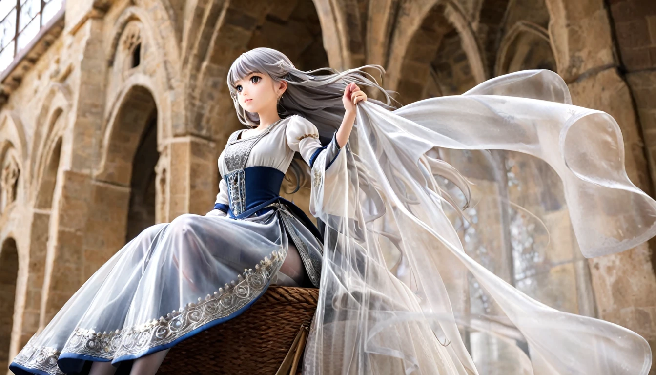 girl, Gold and silver embroidery, White-gray pearl medieval long dress（With panniers）, Translucent fabric, Pull up the dress by hand, Strong winds, Translucent slip, Grey translucent tights, Peeking from below, Highest quality, Disorder of clothing, sit