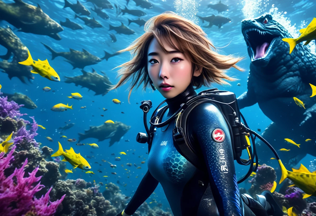 A cute yuna scuba diver in bikini, air tank, bubble stream, lurking in kelp, watching in awe and shock as Godzilla battles a fishy kaiju deep undersea, bloody battle, epic struggle, best quality, 4k, 8k, highres, masterpiece:1.2, ultra-detailed, realistic, photorealistic, photo-realistic:1.37, HDR, UHD, studio lighting, ultra-fine painting, sharp focus, physically-based rendering, extreme detail description, professional, vivid colors, bokeh, fantasy, sci-fi, underwater, seascape, dramatic lighting
