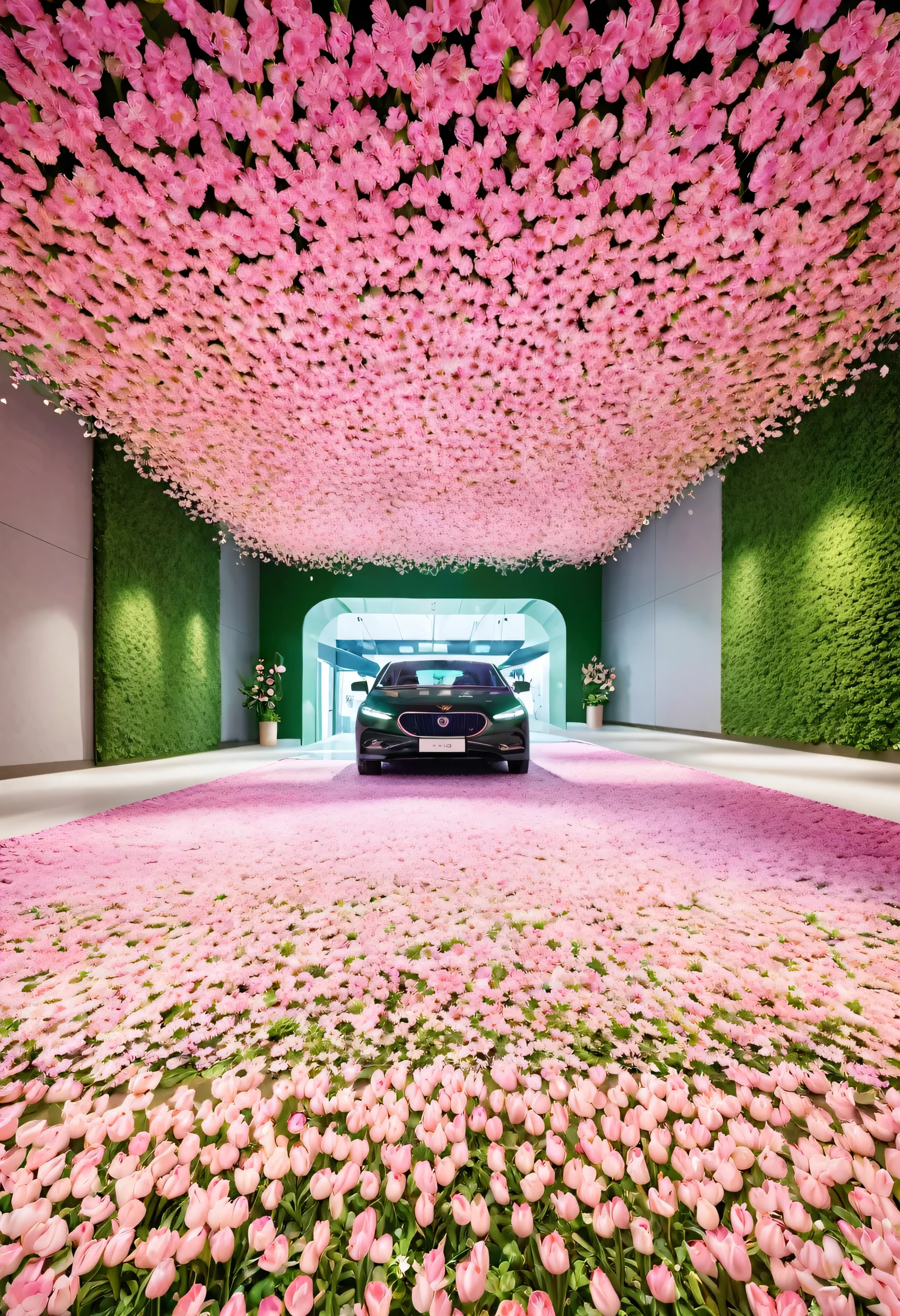 A vibrant underground parking lot，Pink、Peach and light green color palette design。The entrance has an archway that resembles flower petals，Warm LED light，Simulates the soft glow of a sunrise。The walls are covered with beautiful floral murals，Such as tulips、sunflower、Orchids and lilies，Soft background。Interactive screens allow visitors to explore flower information or virtually “plant” flowers。The floor is decorated with scattered petals，Made of artistic flooring materials。The green markings on the ground represent flower stems and leaves.，Guiding a vehicle through space。Warm and soft lighting and flower-shaped chandeliers create a cozy and pleasant atmosphere。Large floral sculptures add visual appeal，Make the space feel like a blooming garden。