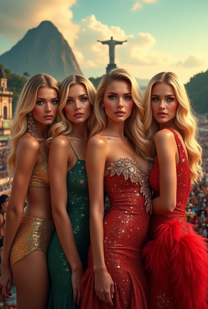 (((best qualityer))), highly detailed, high resolution. 2 female, blondie hair, clear green eyes, fleshy lips, heavy makeup, lots of people in the background and the statue of Christ the Redeemer as a backdrop