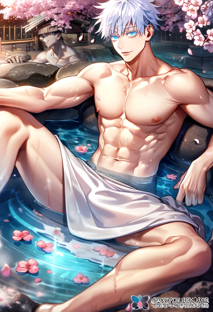 Ultra detailed, highres, absurdres, HDR, master piece, Gojou Satoru, white hair with bangs, white eyelashes, expressive blue eyes, bare chest, toned chest, without shirt, Jujutsu Kaisen, sexy man sitting, towel around his waist, cherry blossoms, petals, handsome, best quality, fantasy, magical, hot springs, water, lewd, horny, sensual, erotic, close up