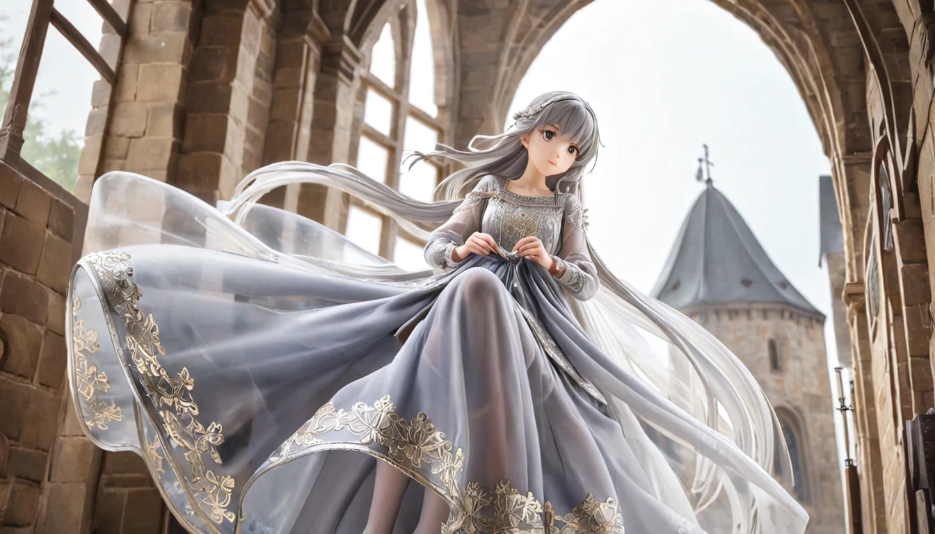 girl, Gold and silver embroidery, White-gray pearl medieval long dress（With panniers）, Translucent fabric, Pull up the dress by hand, Strong winds, Translucent slip, Grey translucent tights, Peeking from below, Highest quality, Disorder of clothing, sit