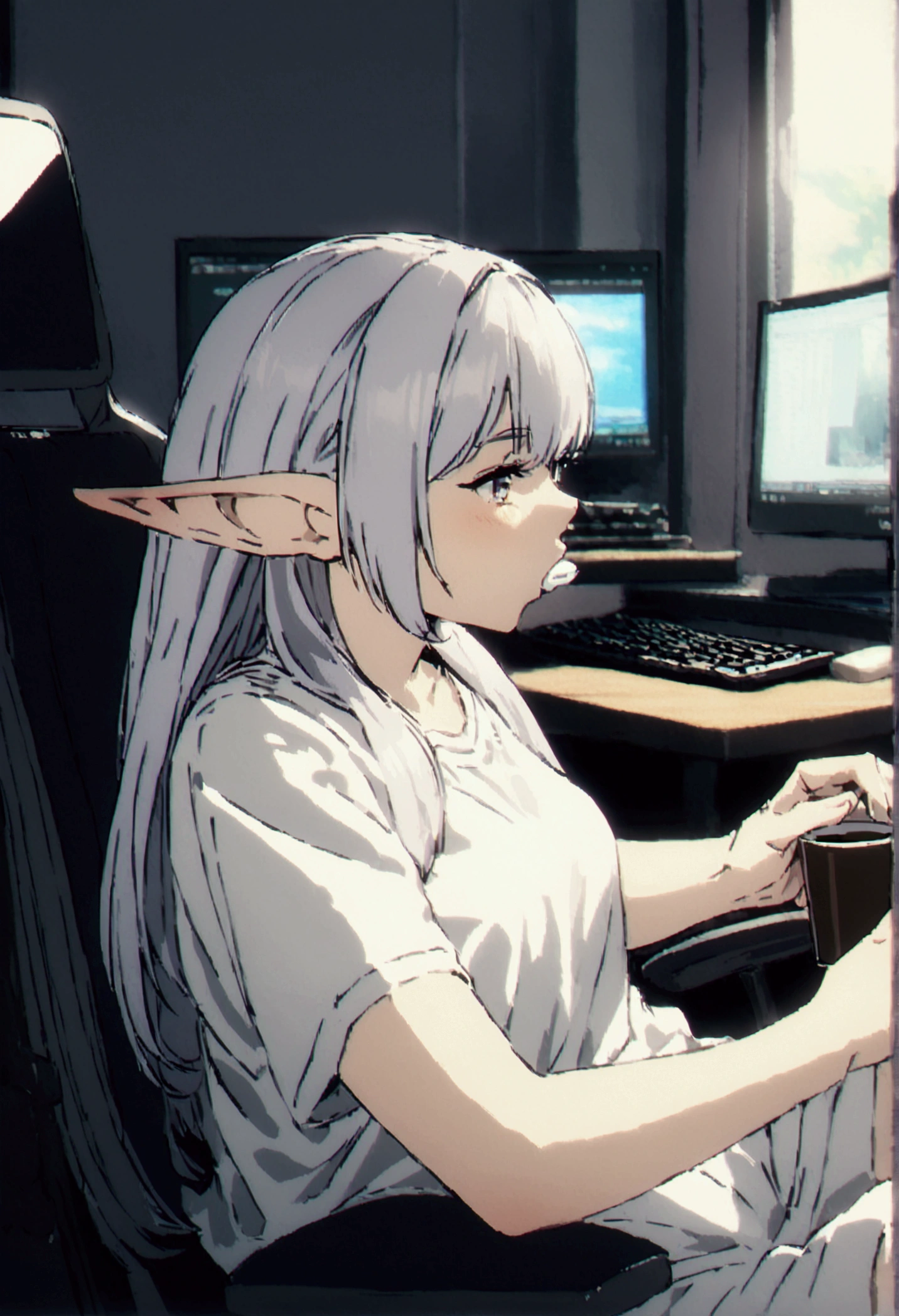 In a sexy white shirt , sitting in the games chair, playing on pc, elf ears,  drinking coffee, 4K