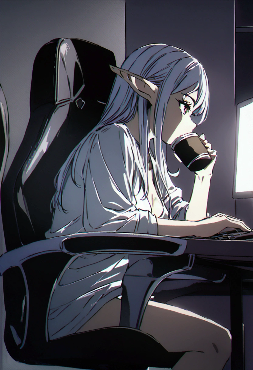 In a sexy white shirt , sitting in the games chair, playing on pc, elf ears,  drinking coffee, 4K