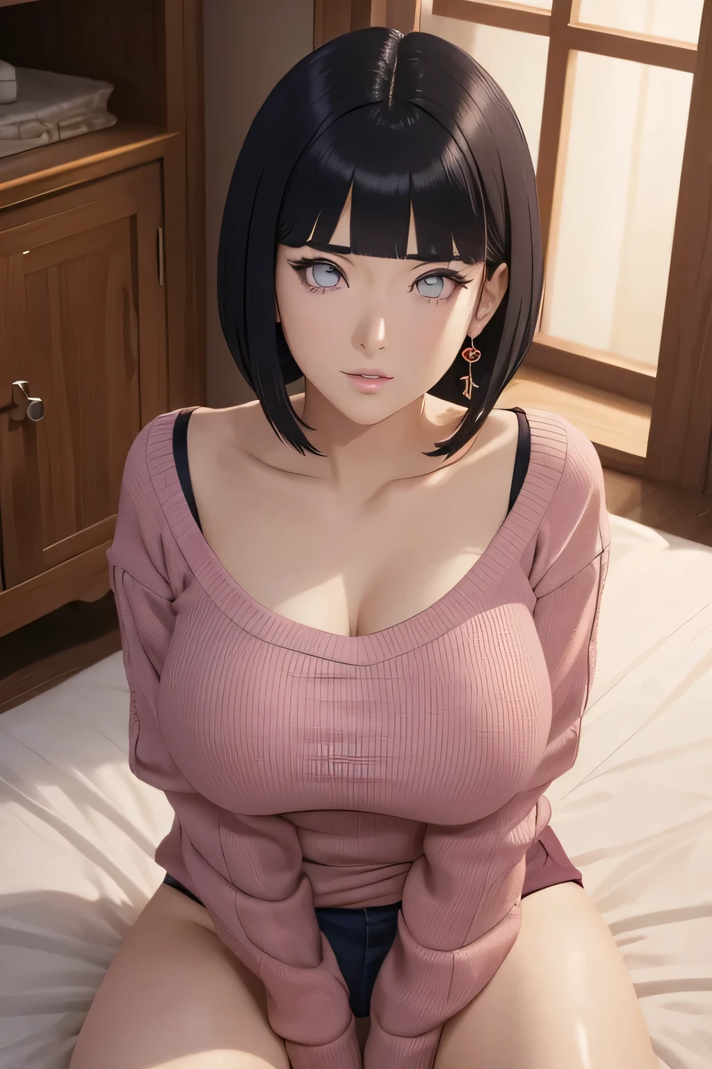 masterpiece] [realistic] Hyper realistic, anime [Hyuga Hinata] is very sexy red sweater Shoulder body, Big Breast poses [naughty 1.3] showing off boobs poses.face in great [detail] 8k, grey Bob hair cut, Beautiful face is very detailed and perfect, beautiful eyes, high nose, pink lips,Sexy body is very tempting,high resolution, best quality, natural beauty, ribbon hair, The photo texture is hard and very sharp, the nipple pops out ,Small and elegant earrings , looking at viewer from above 