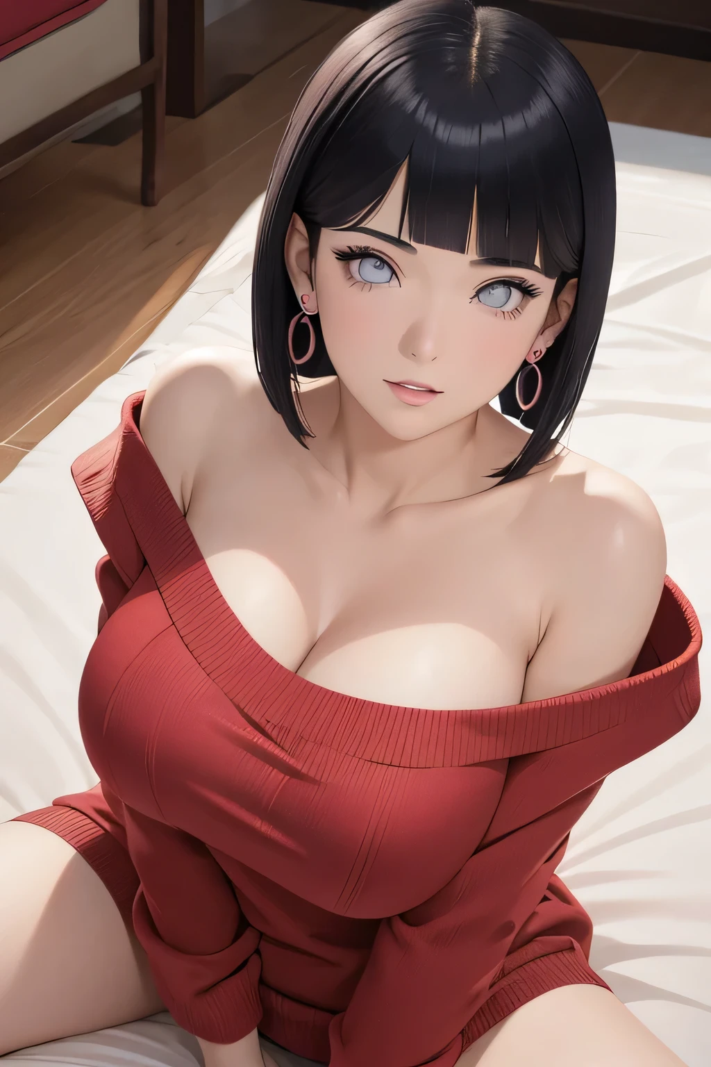 masterpiece] [realistic] Hyper realistic, anime [Hyuga Hinata] is very sexy red sweater Shoulder body, Big Breast poses [naughty 1.3] showing off boobs poses.face in great [detail] 8k, grey Bob hair cut, Beautiful face is very detailed and perfect, beautiful eyes, high nose, pink lips,Sexy body is very tempting,high resolution, best quality, natural beauty, ribbon hair, The photo texture is hard and very sharp, the nipple pops out ,Small and elegant earrings , looking at viewer from above 