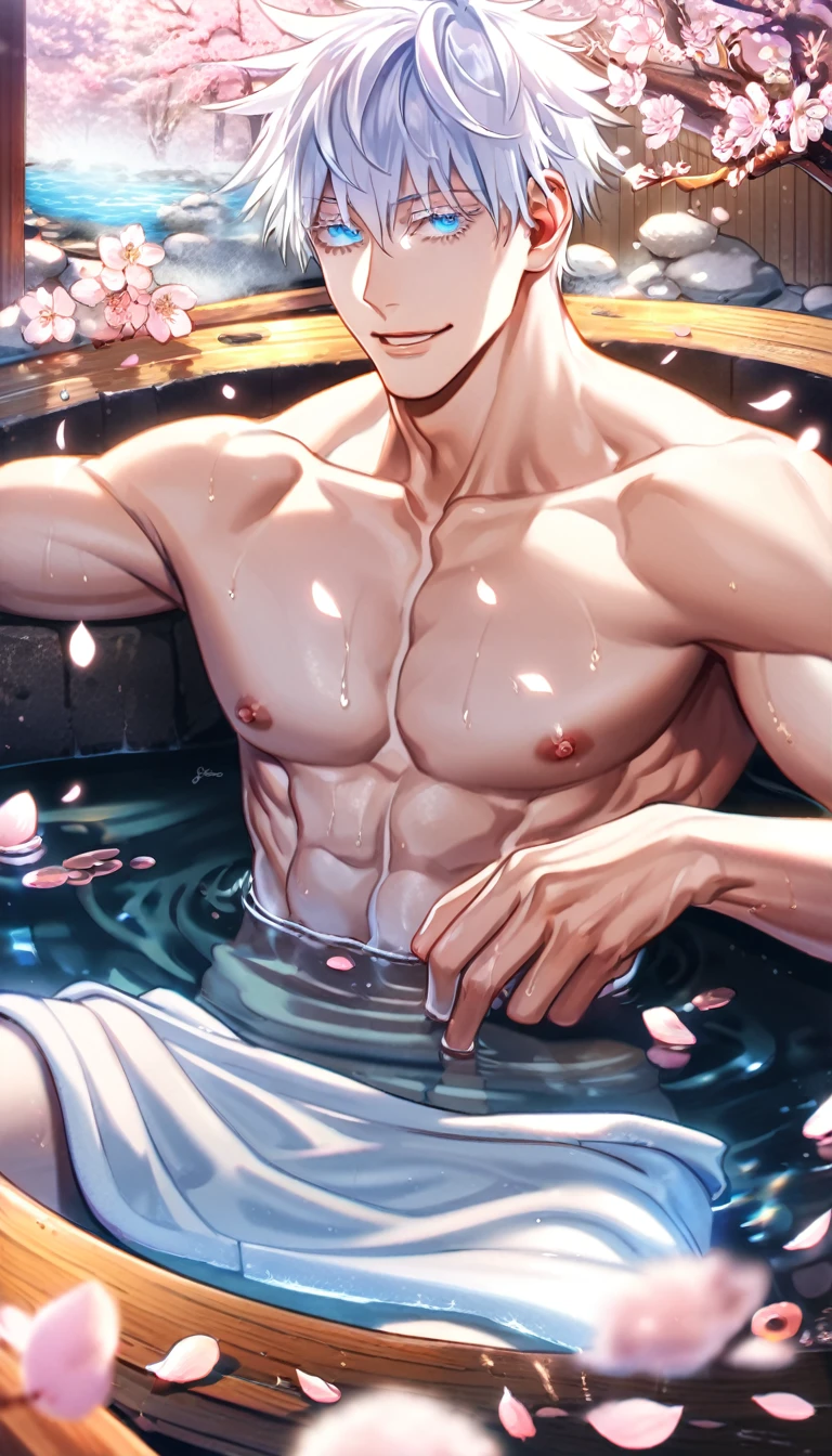 (absurd, highres, ultra detailed, HDR), masterpiece, best quality, perfect face, delicate features, vivid green eyes, solo, male, handsome, detailed face, Taishakuten, ash blonde hair, hair between eyes, chest, lotus earrings, onmyoji , pink petals, pink butterflies, sitting by the lake, looking at the water, perfect anatomy, athletic, light muscles, naked, beautiful penis,