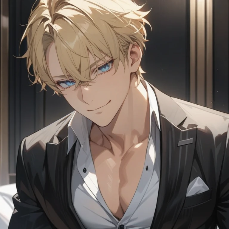 male, super detail, god,blond hair,icy eyes, handsome, solo,seductive,High Resolution, Short Hair, Best Quality, wearing suit, Masterpiece, square jaw, male focus,haughty,small smile,cool,flirt,buttoned up shirt,narrow eyes, small iris,mature,masculine