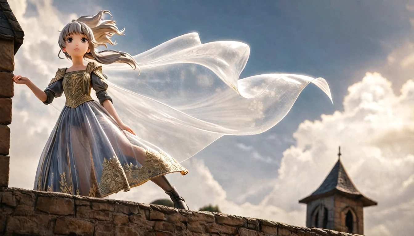 girl, Gold and silver embroidery, Medieval Long Dress（With panniers）, Translucent fabric, Pull up the dress by hand, Strong winds, Translucent slip, Grey translucent tights, Peeking from below, Highest quality, Disorder of clothing, sit