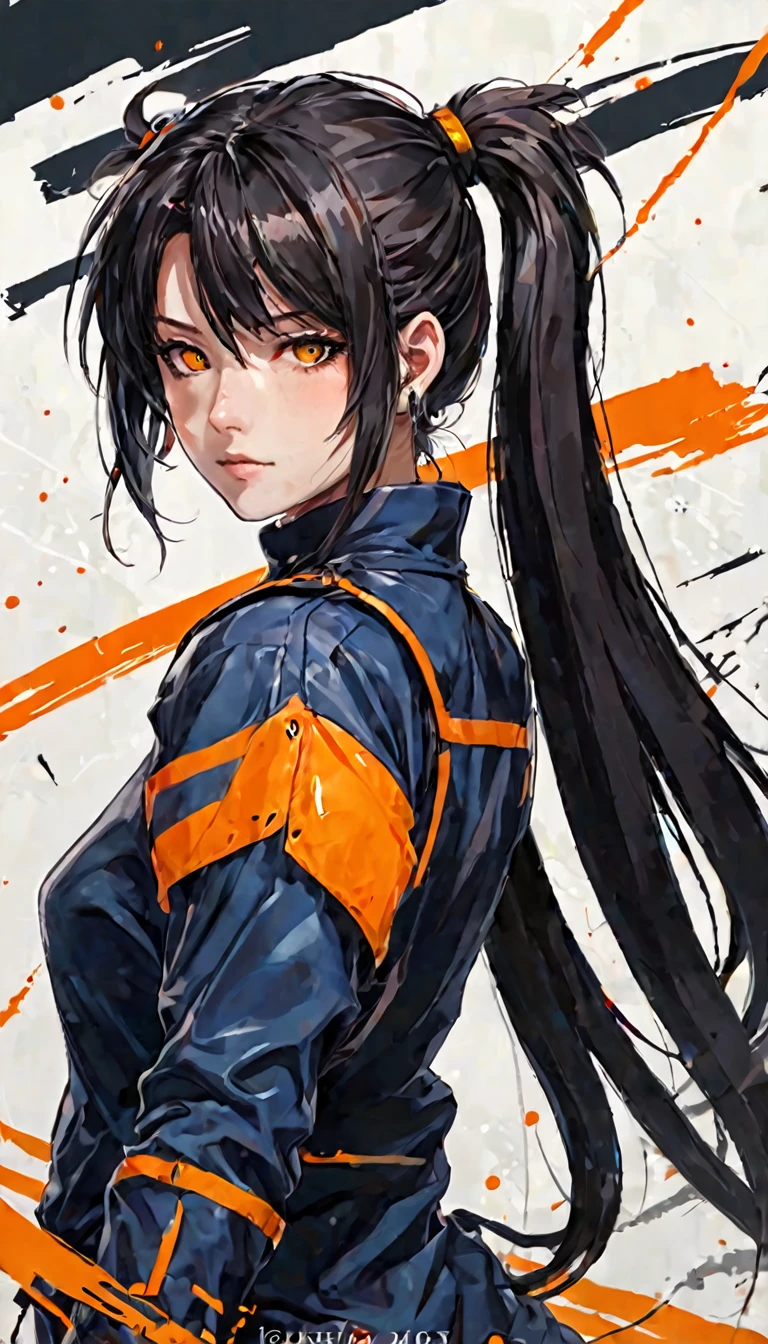 {Anime character with medium-length dark hair, accented with bright orange stripes, gathered in a ponytail:0.9}, {she has sharp, determined eyes with a vibrant, bright orange-yellow color, and an intense, concentrated expression on his face:0.8}, [she’s wearing futuristic police armor, Marked with the logo "n.and.pag.s. new andrid pagublic security” and “pagUBsandC," Fusing modern military and science fiction aesthetics. The armor is mainly blue with metallic details, with shoulder protectors and high-tech equipment on his belt:0.7], {The background is a mix of abstract and industrial elements, Emphasizing a deep blue color palette with touches of mechanical and technological details:0.8}, {The overall art style is a fusion of dynamic brushstrokes and digital painting, capturing a rough yet polished look, conveying a strong sense of authority and determination:0.9}. full body