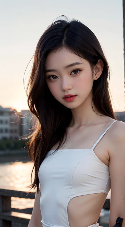 (1 cute Korean star) shoulder length hair, light makeup, big chest size, wearing a tank top, clear facial features, 8K high resolution, edgy, realistic details.from outside, Eye level shooting, f/4.0, 135mm, Fujifilm, jpeg artifacts, Dithering, UHD, smooth leg line, sexy legs, masterpiece, whole body, upper body, correct posture, Future-proof, Facing Forward