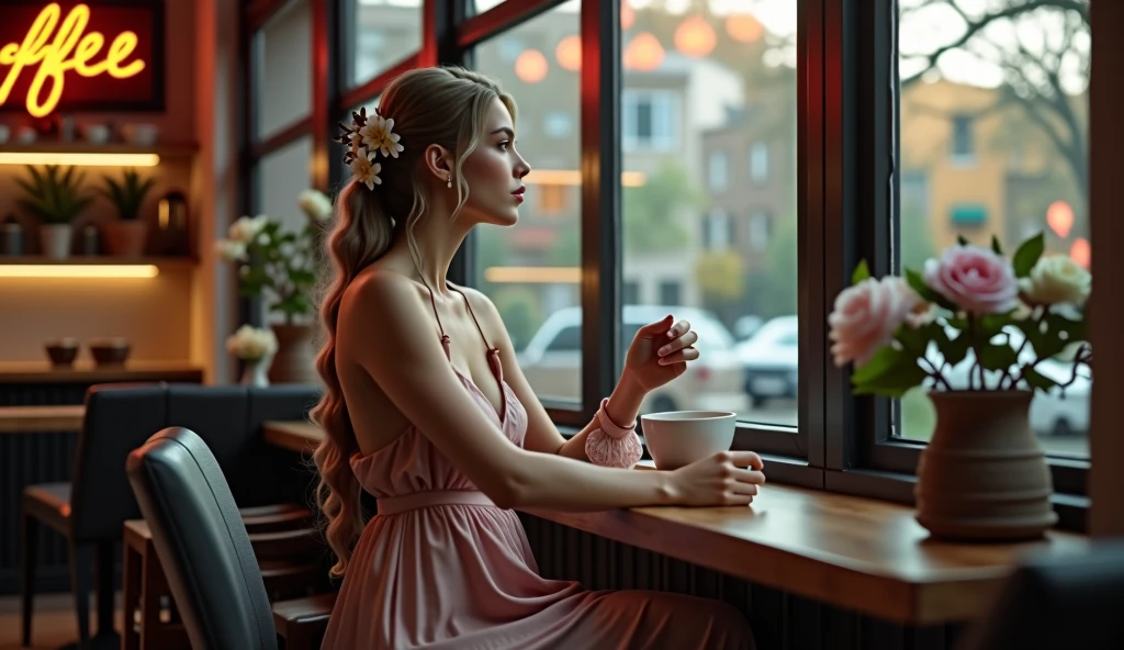 coffee shop, ((masterpiece, top quality, best picture quality, High resolution, Realistic, RAW photos, 8K, Highly detailed CG synthesis 8K wallpaper)), (Huge stunning goddess photo, incredible beauty, perfect proportions, slim body beauty, her look is tender and dreamy:1.4), coffee shop with large windows, a cup of coffee in one hand, Woman sitting looking out of the coffee shop, she is sitting at the window, full body shot, view through the window, “COFFEE” written in neon tube on the wall, the atmosphere is mystical and romantic