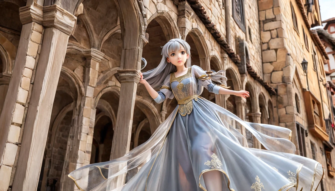 girl, Gold and silver embroidery, Medieval Long Dress（With panniers）, Translucent fabric, Pull up the dress by hand, Strong winds, Translucent slip, Grey translucent tights, Peeking from below, Highest quality, Disorder of clothing, sit