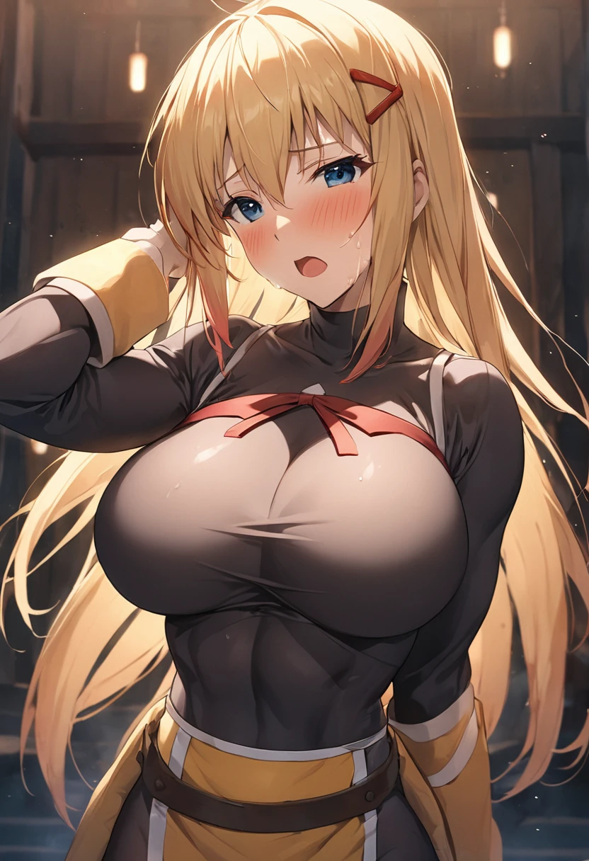 masterpiece, Highest quality, High resolution,(Darkness), (KonoSuba),30 years old, adult lady, (tall:1.2),Height: 170cm,1990s\(style\),(E-cup beautiful breasts)，Black long sleeve underwear,Red hair clip in hair,Sweating all over the body,Brawny　muscle　body,sexy,blush、Shyness、Open your mouth wide,blonde、Long Hair、Pointed eye corners,Composition focusing on the upper body,(独奏),The background is outdoors,Anime-style painting style,Cinematic lighting,Superfine,Seductive pose