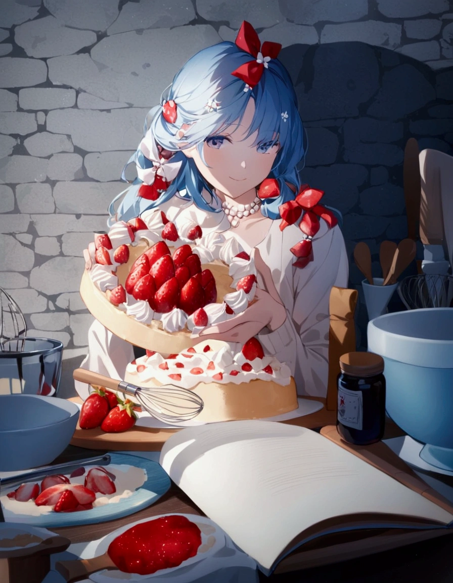 Smiling, short dyed blue hair with red flower hair accessories, white long-sleeve top with a floral pattern, white necklace, standing, holding a decorated cake, looking at the cake, smooth skin, indoor setting with a stone wall background, natural and soft light from the right creating gentle shadows, casual and vibrant atmosphere, front view, sharp focus on subject and cake, well-balanced exposure. The table has various baking ingredients and utensils, including strawberries, eggs, flour, a whisk, and an open cookbook.