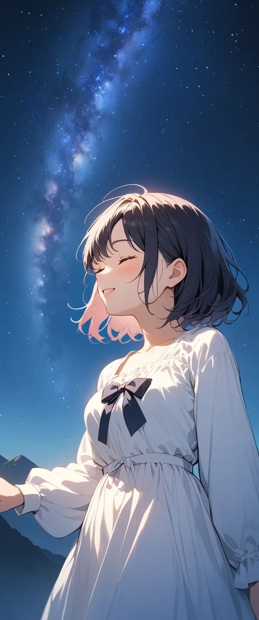 Anime girl with long hair and white dress looking up at the sky - SeaArt AI