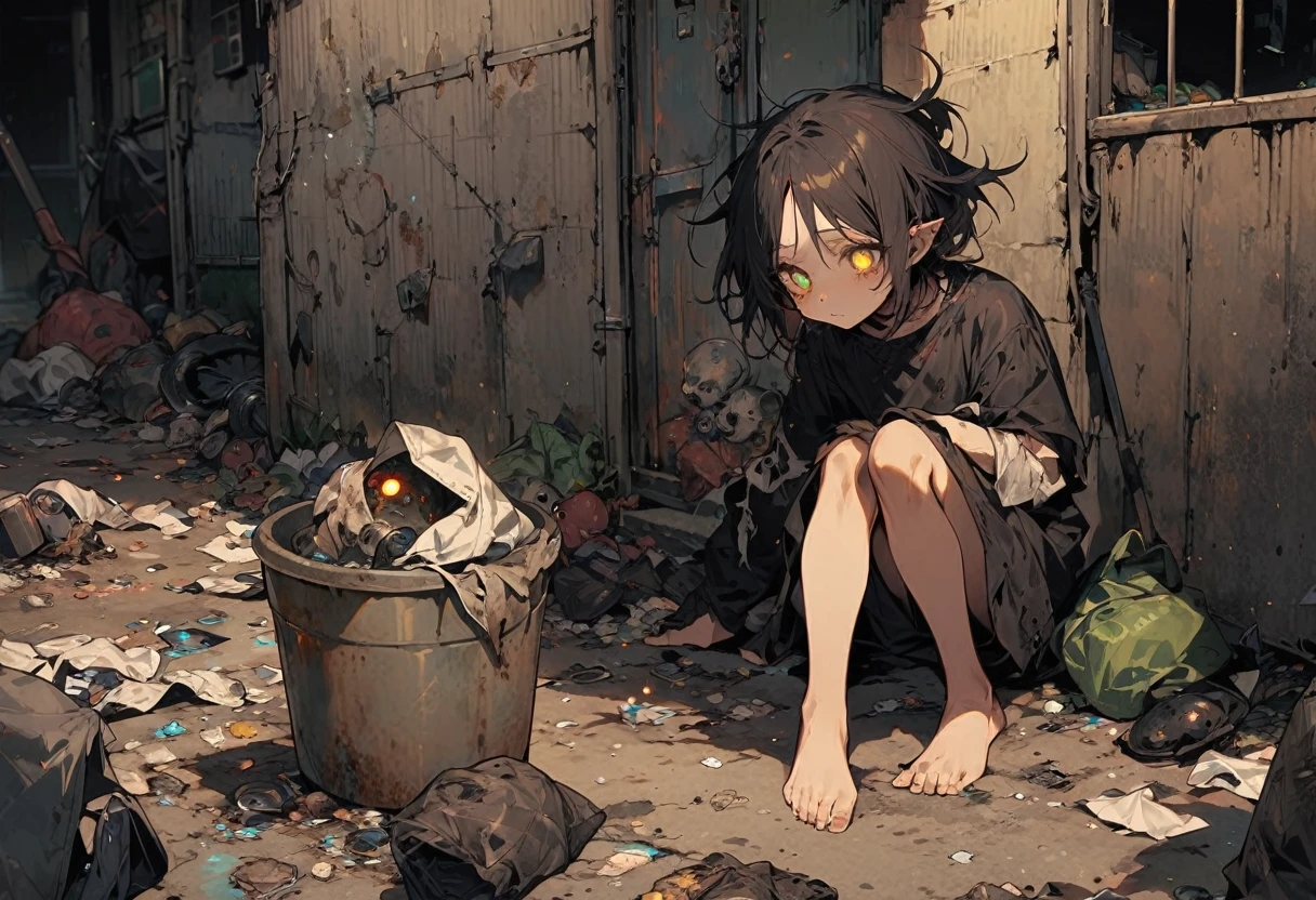 High resolution, masterpiece, Highest quality, Gothic Horror, Half demon boy, Bad look in the eyes, Alien, Glittering eyes, Scavenging through trash, Wearing rags, barefoot, corrosion, Slums, Garbage dump, Alienの住人