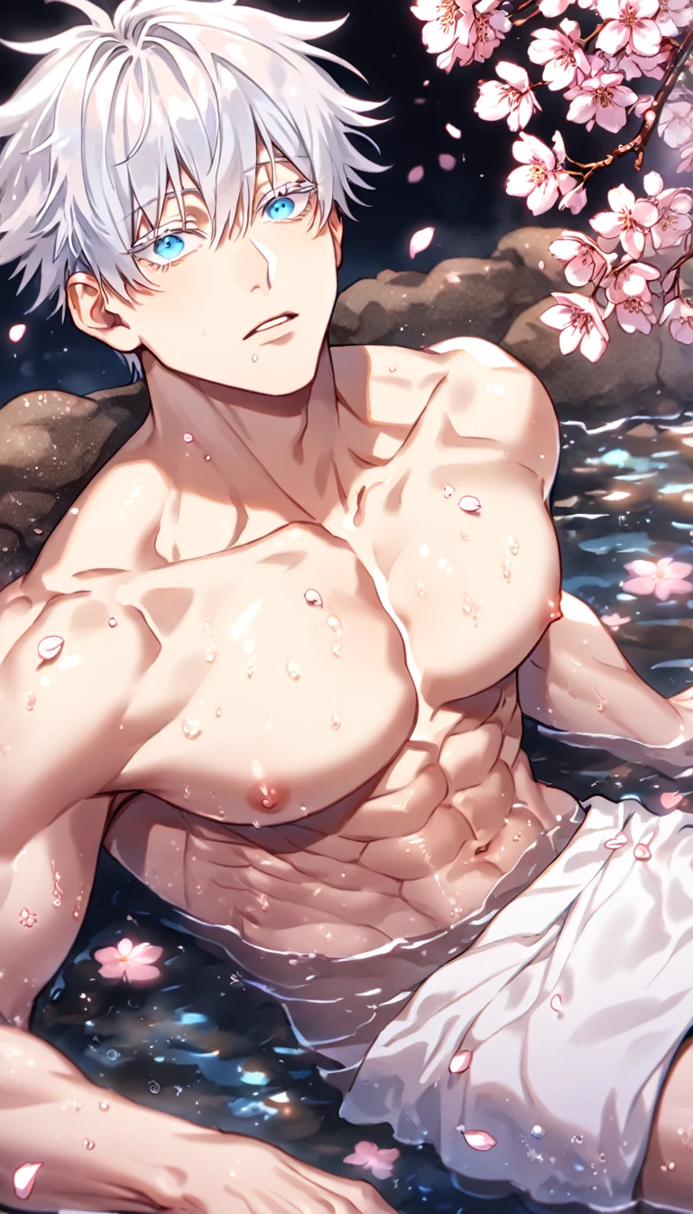 Ultra detailed, highres, absurdres, HDR, master piece, Gojou Satoru, white hair with bangs, white eyelashes, expressive blue eyes, bare chest, toned chest, without shirt, Jujutsu Kaisen, sexy man sitting, towel around his waist, cherry blossoms, petals, handsome, best quality, fantasy, magical, hot springs, water, lewd, horny, sensual, manly man, close up, solo, adult face, erotic, mature man, adult face