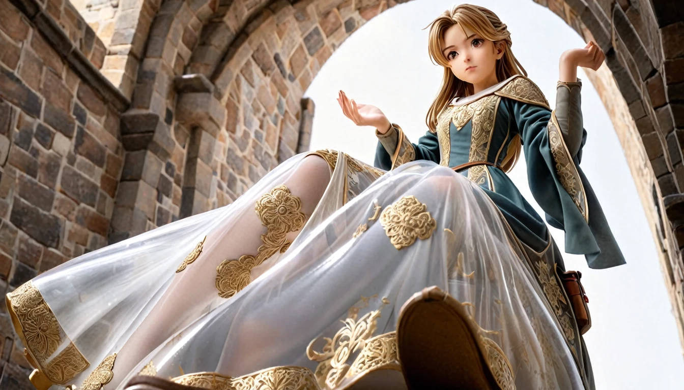 girl, Gold and silver embroidery, Medieval Long Dress（With panniers）, Translucent fabric, Pull up the dress by hand, Strong winds, Translucent slip, Grey translucent tights, Peeking from below, Highest quality, Disorder of clothing, sit