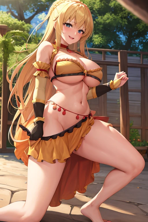 masterpiece, best quality, beautiful art, high resolution, well formed hands, body and fingers, 1 woman, solo, Darkness (konosuba) blonde, grown up, arabian belly dancer, adult, large and round breasted, cleavage, hair ribbon, full body, sexy and skimpy arabian belly dancer outfit, wearing a Mata Hari outfit, mata_hari_cosplay, gorgeous legs and thighs , fighting in a combat match, showing her fighting skills, making her guard, about to hit the viewer, looking at the viewer, close up on her bouncing breasts, sweating, bouncing breasts, smiling joyfully and brightly, seductive face, being confident and proud, action and fighting scene, martial arts tournament on the beach 