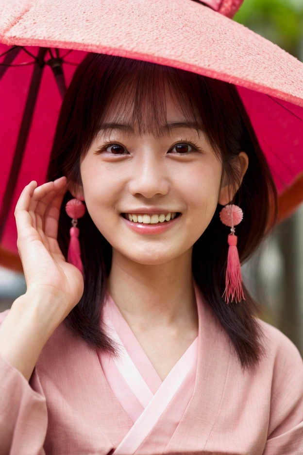 close up photo of smiling japanese woman, wearing light pink and crimson clothes, playful juxtaposition, layered gestures, playful humor, candid moment .