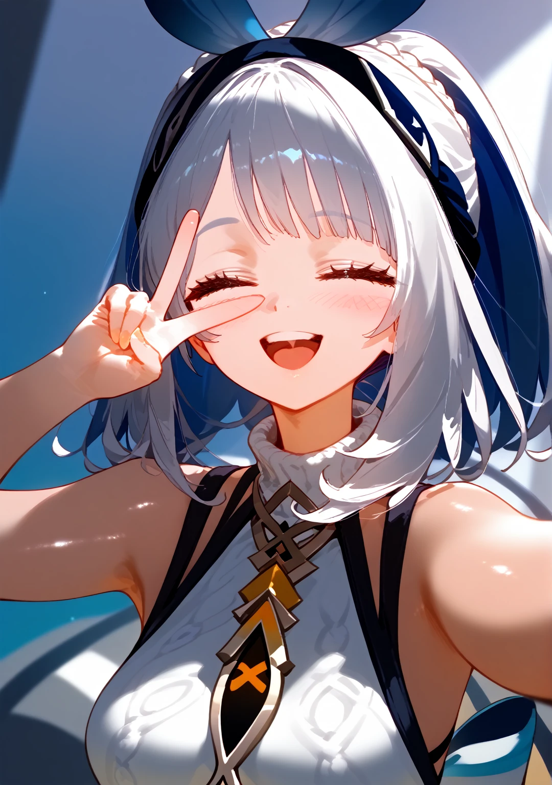 Highest quality, Highest quality, High quality illustrations, masterpiece, Ultra-high resolution, Detailed Background, Absurd, Perfect Anatomy, performance, Good lighting, Shadows in the movies, 1 girl, solo, mualani_\(genshin_impact\), alternate costume, medium breasts, smile, closed eyes, very happy, open mouth, v sing, v_over_eye, v, blush, white_sweater, virgin-killing_sweater, upper_body, angle downwards, selfie, paint splash background, dynamic pose, bewitching thighs, gleaming, shiny skin, shiny, two beautiful legs