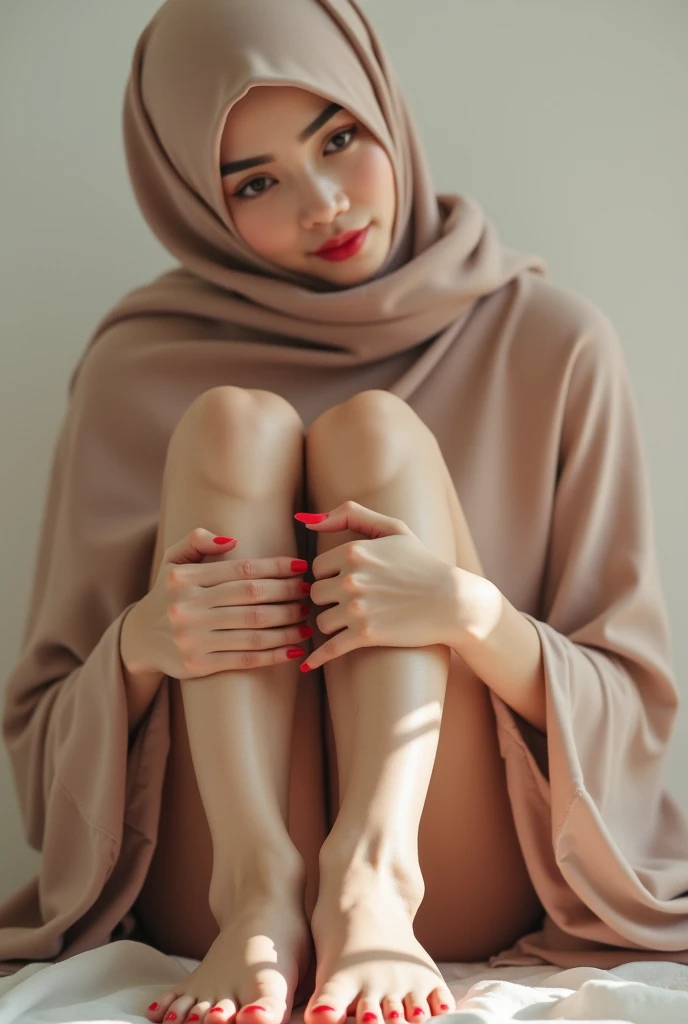 (hyperrealistic), (illustration), (high resolution), (8K), (extremely detailed), (best illustration), (beautiful detailed eyeest quality), (ultra-detailed), (masterpiece), (wallpaper), (detailed face), solo, (dynamic pose), 1 girl,wavy hair, heterochromic eyes, small moles under the eyes, bukkake , large breasts, long legs, , (cameltoes), (no panties), legs stained with liquid, open legs, Others looked at in surprise, shy, and blushing  , bukkake,  pasmina hijab
