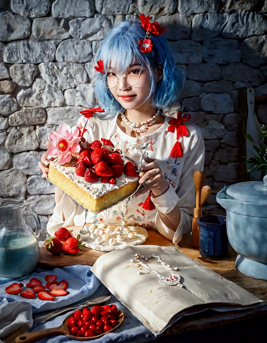 Smiling, short dyed blue hair with red flower hair accessories, white long-sleeve top with a floral pattern, white necklace, standing, holding a decorated cake, looking at the cake, smooth skin, indoor setting with a stone wall background, natural and soft light from the right creating gentle shadows, casual and vibrant atmosphere, front view, sharp focus on subject and cake, well-balanced exposure. The table has various baking ingredients and utensils, including strawberries, eggs, flour, a whisk, and an open cookbook. JENNIE FROM BLACKPINK