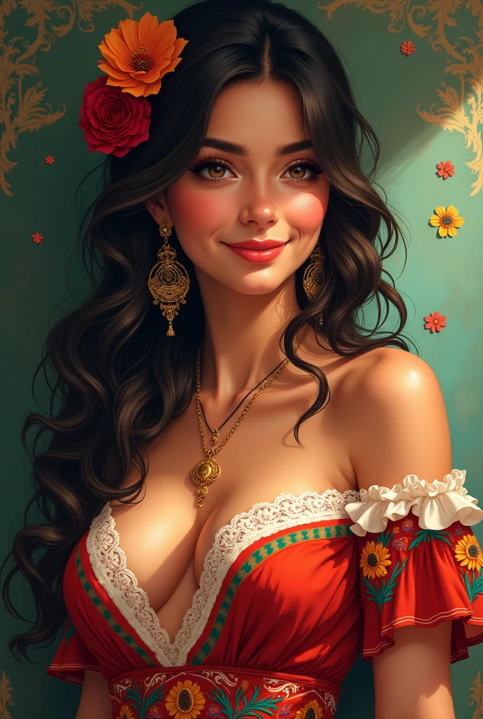 (highres, realistic:1.37), beautiful detailed eyes, beautiful detailed lips, longeyelashes, curvy figure, confident smile, elegant pose, vibrant colors, regency era, bokeh, oil painting style, soft lighting, romantic setting, blooming flowers, flowing dress, graceful movement, delicate features, alluring gaze