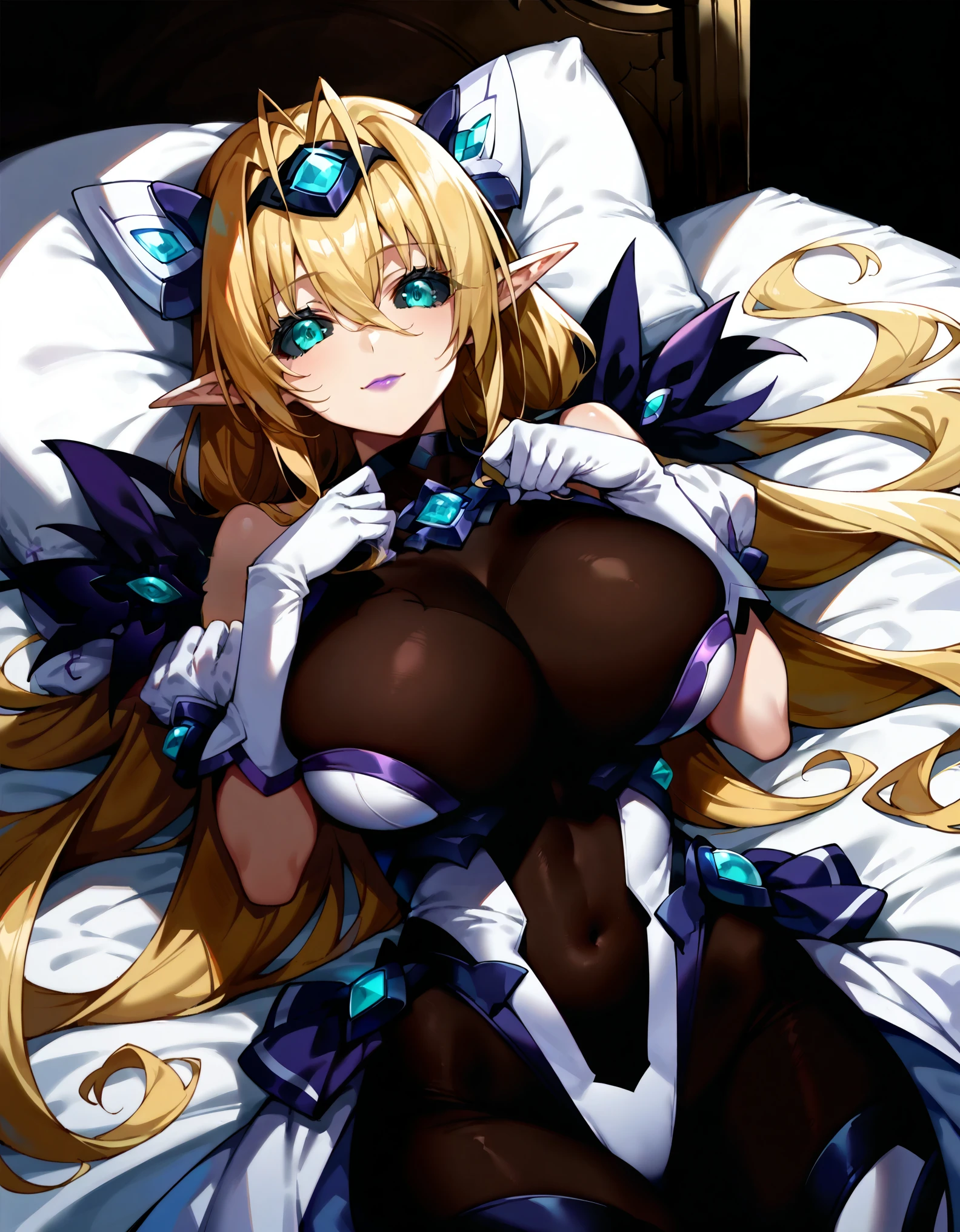 masterpiece, score_9, score_8_up, score_7_up, source_anime, high quality, extremely detailed, 1girl, milf, solo, corrupted, exs-tia_spica, (huge breasts:1.1), ((((blonde hair), long hair, bangs, hair between eyes, black sclera, aqua eyes, pointy ears))), purple lips, (((headgear, choker, bodystocking, black leotard, white gloves))), ((light smile), closed mouth), ((incoming hug pose, arms open wide, lying, on bed, bedroom))