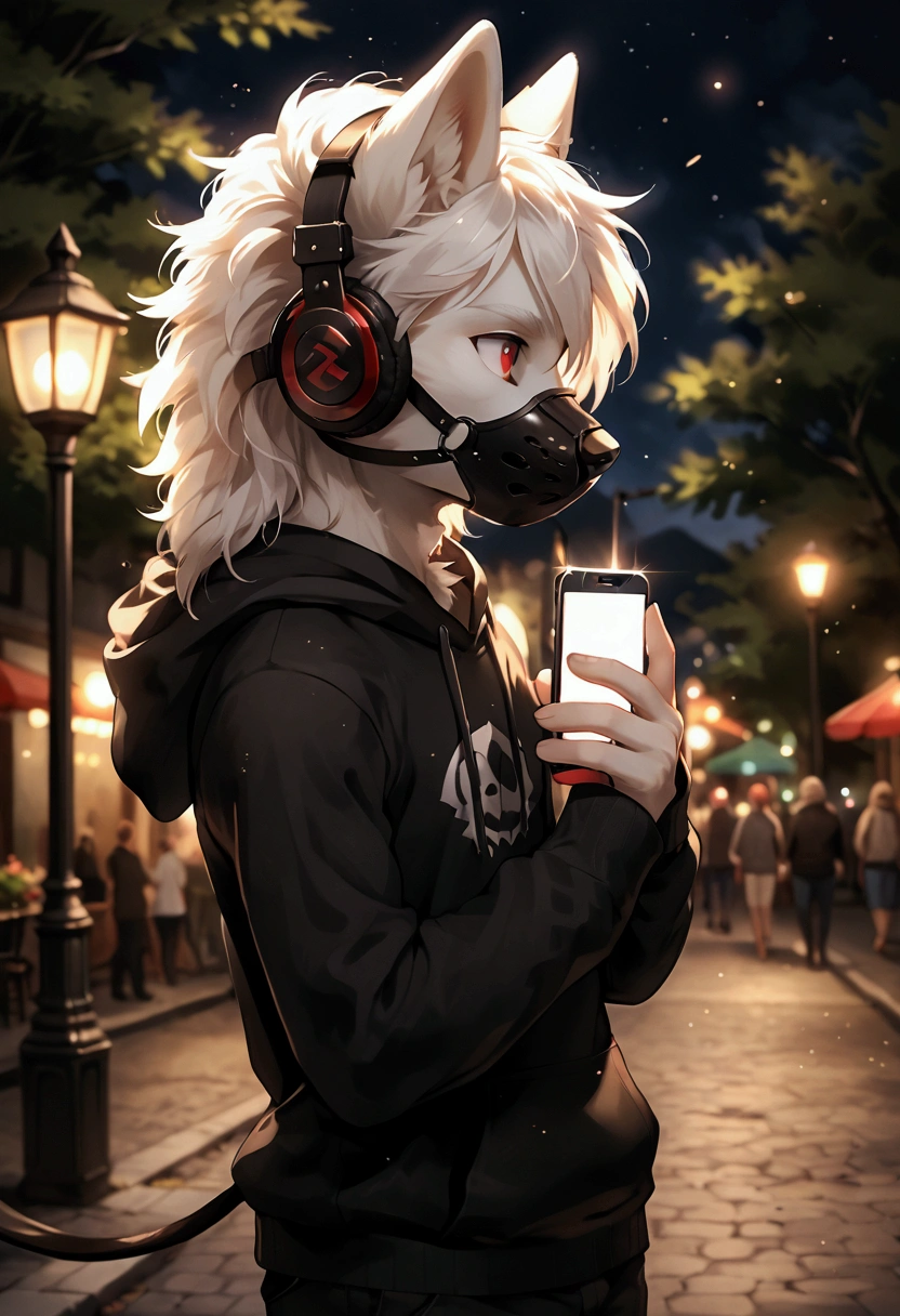 fur, soft lighting, solo, humanoid male wolf, muzzle, white body, short white hair, smooth fur, streetlight, side view, Looking at viewer, focus on character, muzzle outdoor, mountain peak, light particles, muzzle, wolf, male, wolf boy, adorable, red eyes, white fur, white hair, slim, muzzle, skinny, black hoodie, headphones , holding a smartphone, wearing a muzzle