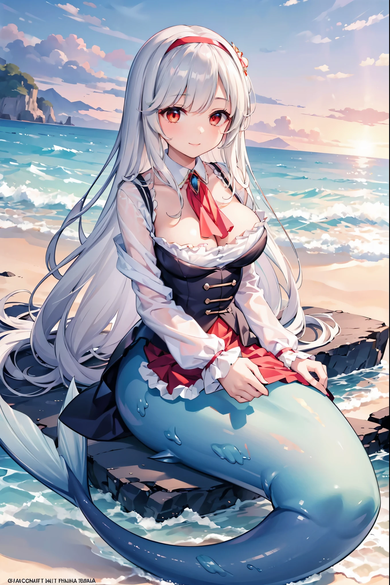 masterpiece, best quality,1girl,hairband, detached collar, brooch, ascot, shirt, underbust, frilled skirt,Large Breasts,独奏,Mermaid,红色的Mermaid尾巴,full-body shot,beach,Smile,Sitting