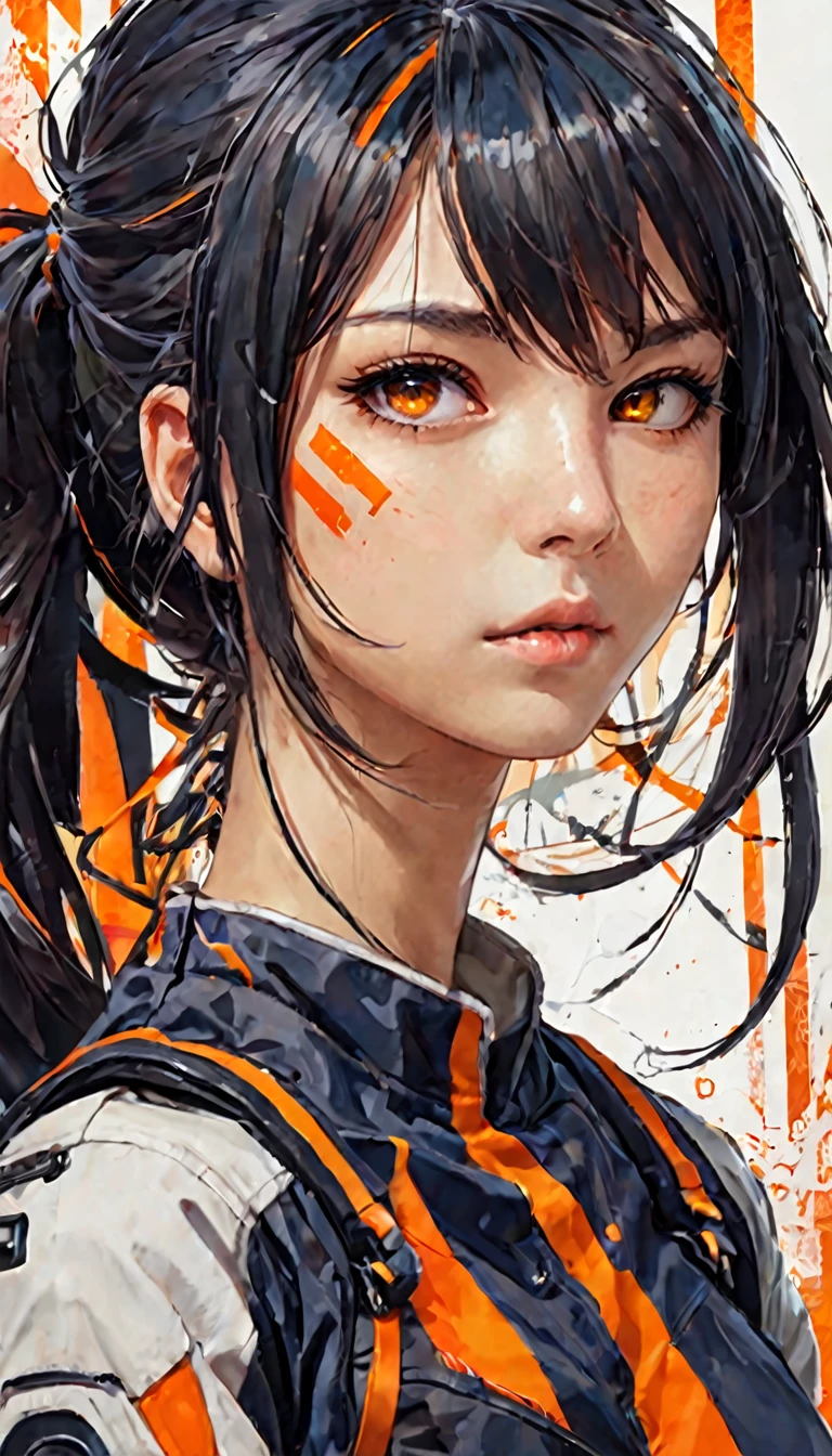 {Anime character with medium-length dark hair, accented with bright orange stripes, gathered in a ponytail:0.9}, {she has sharp, determined eyes with a vibrant, bright orange-yellow color, and an intense, concentrated expression on his face:0.8}, [she’s wearing futuristic police armor, Marked with the logo "n.and.pag.s. new andrid pagublic security” and “pagUBsandC," Fusing modern military and science fiction aesthetics. The armor is mainly blue with metallic details, with shoulder protectors and high-tech equipment on his belt:0.7], {The background is a mix of abstract and industrial elements, Emphasizing a deep blue color palette with touches of mechanical and technological details:0.8}, {The overall art style is a fusion of dynamic brushstrokes and digital painting, capturing a rough yet polished look, conveying a strong sense of authority and determination:0.9}. full body