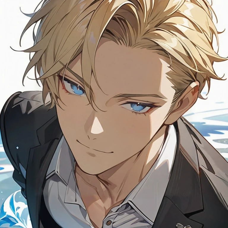 male, super detail, god,blond hair,icy eyes, handsome, solo,seductive,High Resolution, Short Hair, Best Quality, wearing suit, Masterpiece, square jaw, male focus,haughty,small smile,cool,flirt,buttoned up shirt,narrow eyes, small iris,mature,masculine,shirt buttoned up