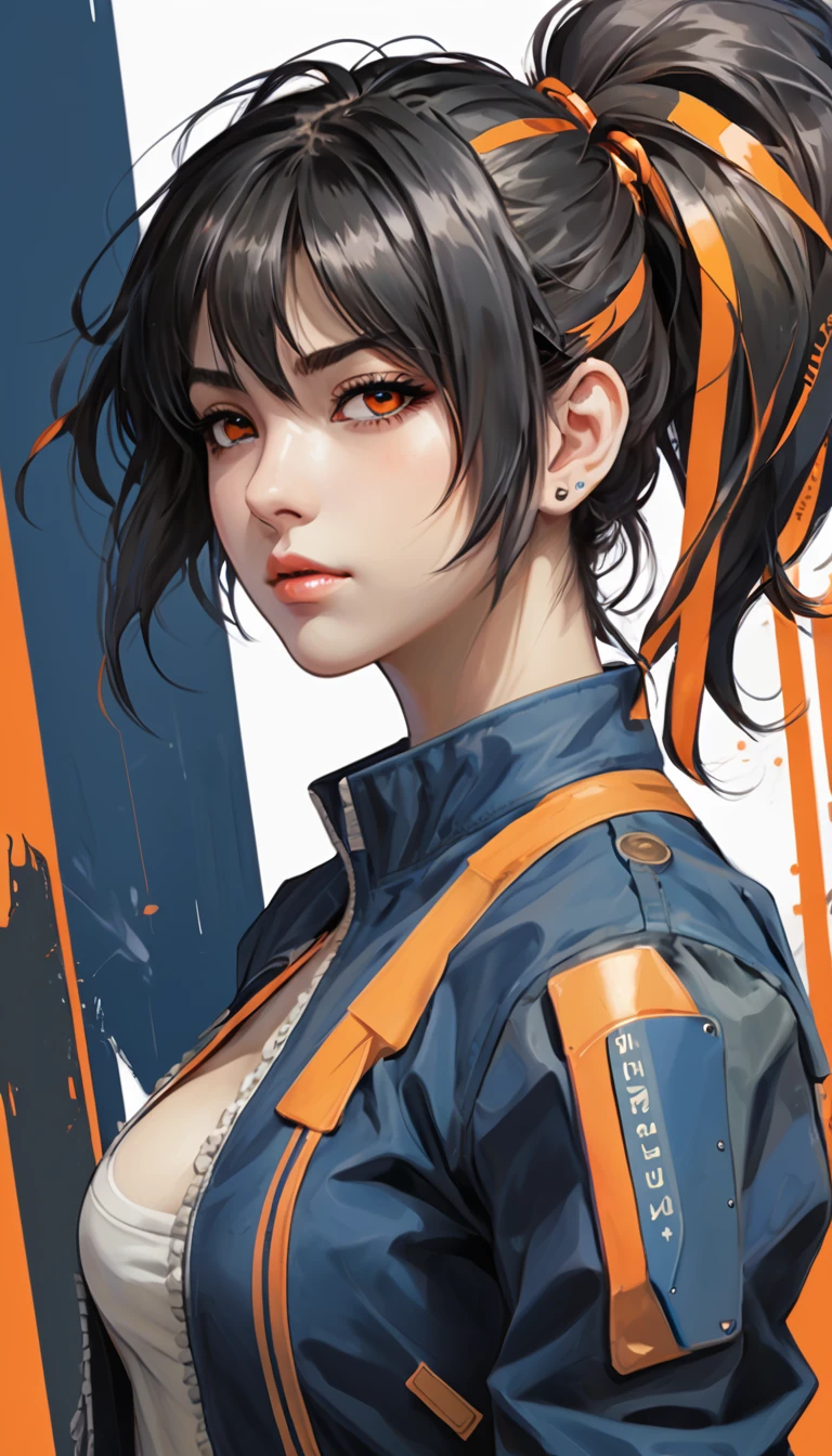 {Anime character with medium-length dark hair, accented with bright orange stripes, gathered in a ponytail:0.9}, {she has sharp, determined eyes with a vibrant, bright orange-yellow color, and an intense, concentrated expression on his face:0.8}, [she’s wearing futuristic police armor, Marked with the logo "n.and.pag.s. new andrid pagublic security” and “pagUBsandC," Fusing modern military and science fiction aesthetics. The armor is mainly blue with metallic details, with shoulder protectors and high-tech equipment on his belt:0.7], {The background is a mix of abstract and industrial elements, Emphasizing a deep blue color palette with touches of mechanical and technological details:0.8}, {The overall art style is a fusion of dynamic brushstrokes and digital painting, capturing a rough yet polished look, conveying a strong sense of authority and determination:0.9}. 
