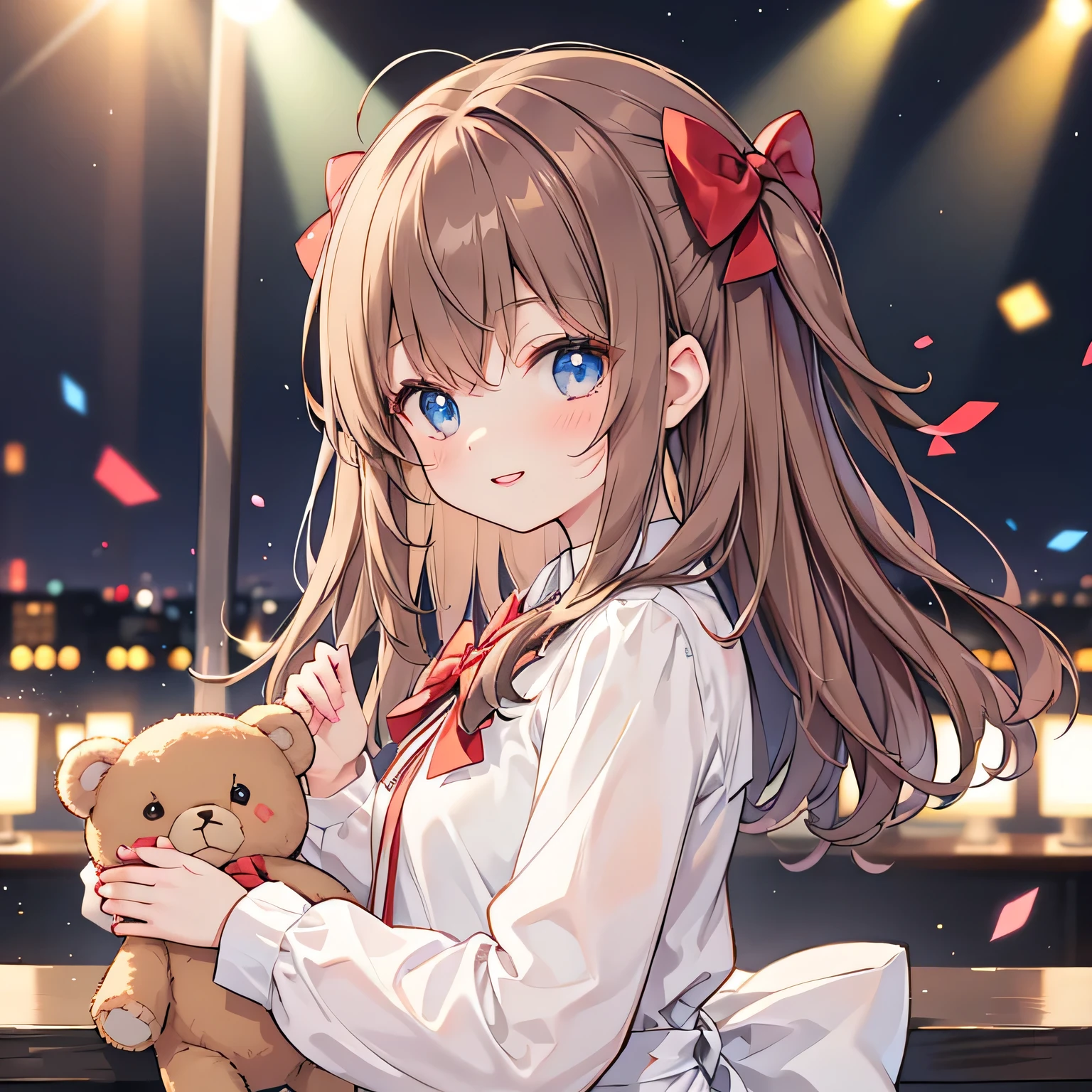 Walking with a teddy bear,(Very delicate and beautiful: 1.2), One girl, bangs, blue eyes, Blurry, Blurry background, bow, Brown Hair, shut up, Side view, Hair between the eyes, hair bow, lanthanum, Particles of light, Long sleeve, Watch the audience, Medium Hair, night, red bow, alone, performer(symbol), Upper Body, smile, Red lips,