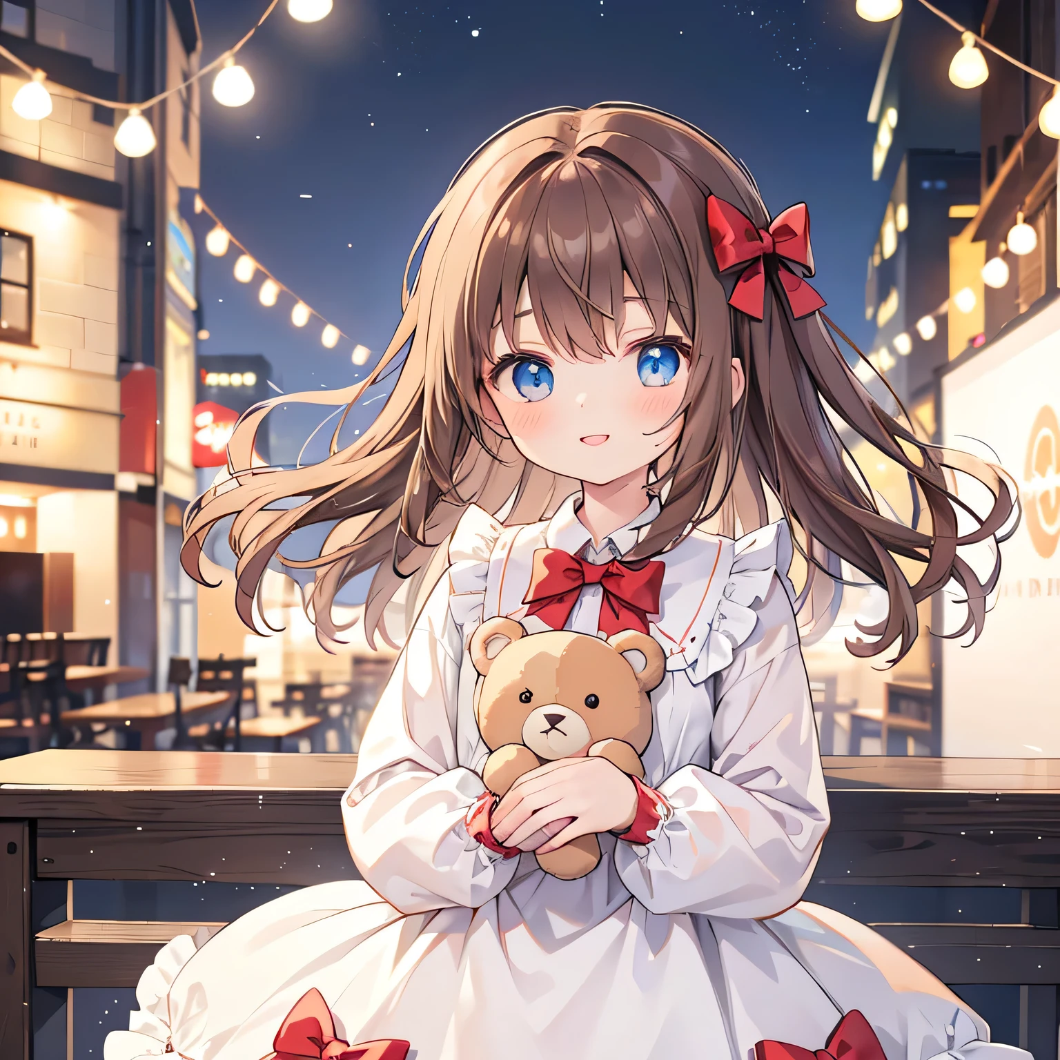 (Very delicate and beautiful: 1.2), One girl, bangs, blue eyes, Blurry, Blurry background, bow, Brown Hair, shut up, Side view, Hair between the eyes, hair bow, lanthanum, Particles of light, Long sleeve, Watch the audience, Medium Hair, night, red bow, alone, performer(symbol), Upper Body, smile, Red lips,Walking with a teddy bear