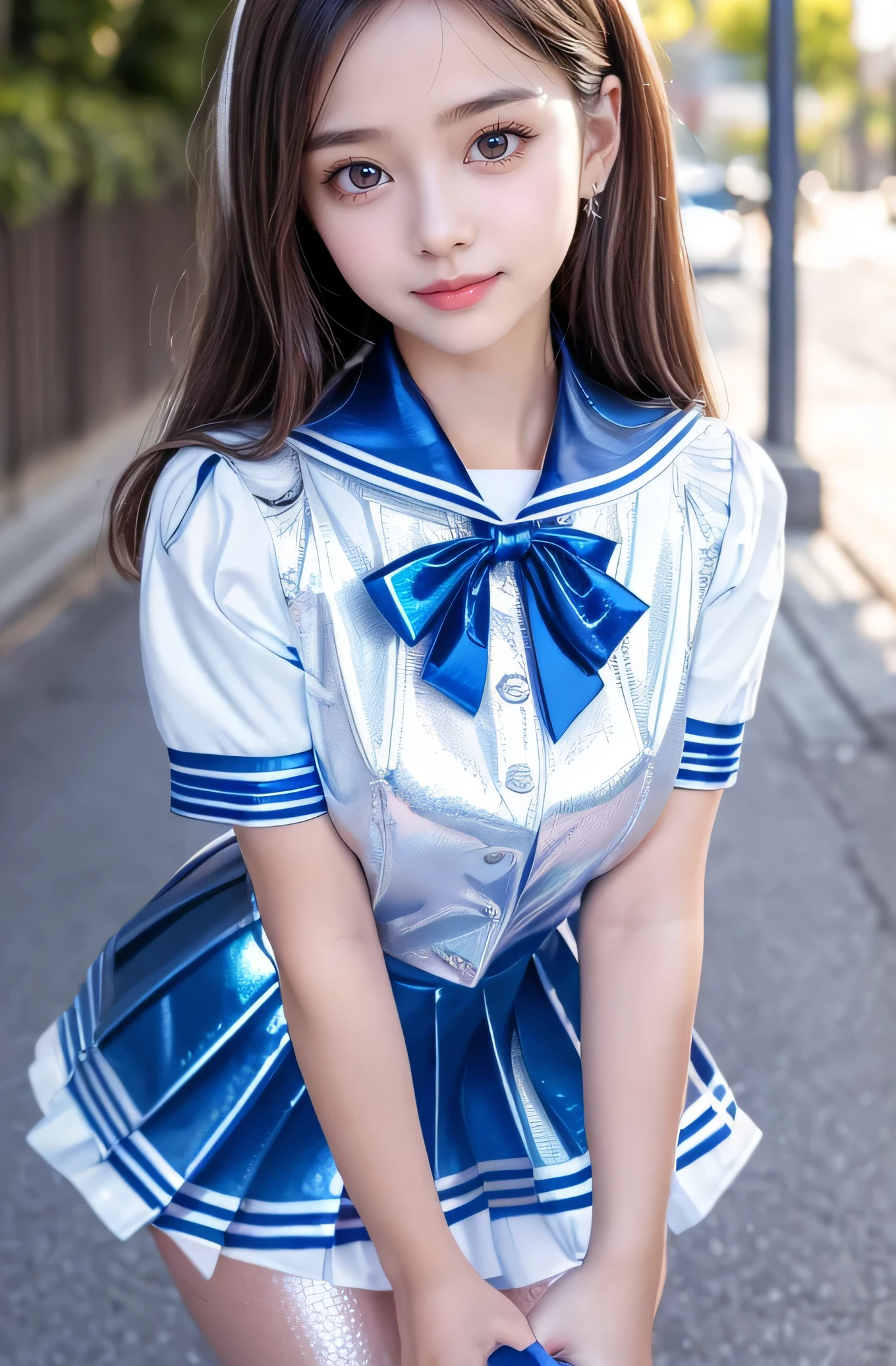 Very beautiful cute girl) (very cute face:1.2),(),(sparking clear attractive large eyes:1.2), Beautiful detailed eyes, Detailed double eyelids, smiling, (realistic photograph:1.1), in the street,
(super shiny metallic blue and white sailor high school uniform:1.5),(super shiny metallic blue pleated skirt :1.1),
(brown hair:1.2),professional portrait 