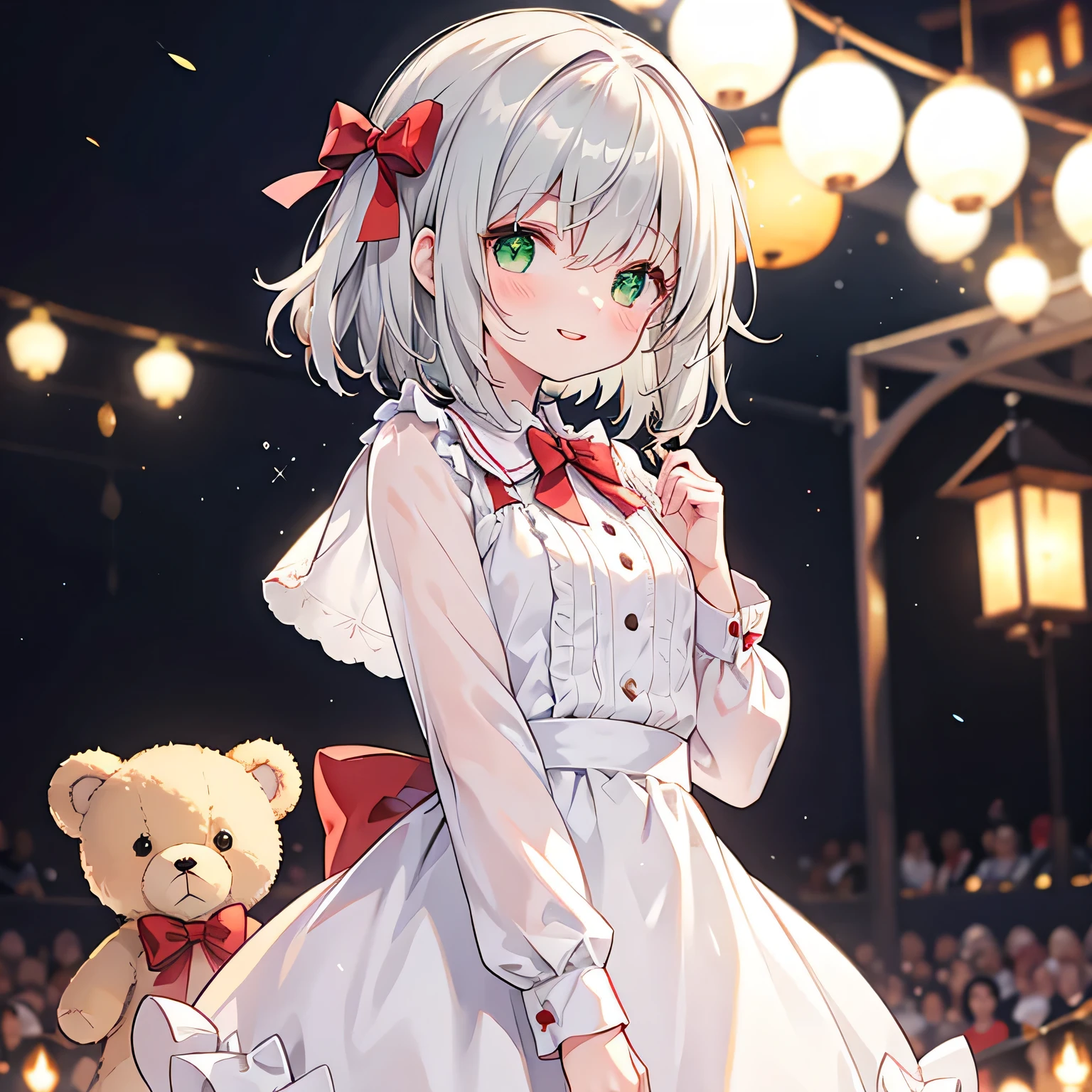 Walking with a teddy bear,(Very delicate and beautiful: 1.2), One girl, bangs, Green Eyes, Blurry, Blurry background, bow, Silver Hair, shut up, Side view, Hair between the eyes, hair bow, lanthanum, Particles of light, Long sleeve, Watch the audience, short hair, night, red bow, alone, performer(symbol), Upper Body, smile, Red lips,