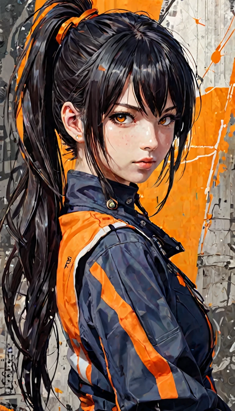 {Anime character with medium-length dark hair, accented with bright orange stripes, gathered in a ponytail:0.9}, {she has sharp, determined eyes with a vibrant, bright orange-yellow color, and an intense, concentrated expression on his face:0.8}, [she’s wearing futuristic police armor, Marked with the logo "n.and.pag.s. new andrid pagublic security” and “pagUBsandC," Fusing modern military and science fiction aesthetics. The armor is mainly blue with metallic details, with shoulder protectors and high-tech equipment on his belt:0.7], {The background is a mix of abstract and industrial elements, Emphasizing a deep blue color palette with touches of mechanical and technological details:0.8}, {The overall art style is a fusion of dynamic brushstrokes and digital painting, capturing a rough yet polished look, conveying a strong sense of authority and determination:0.9}.