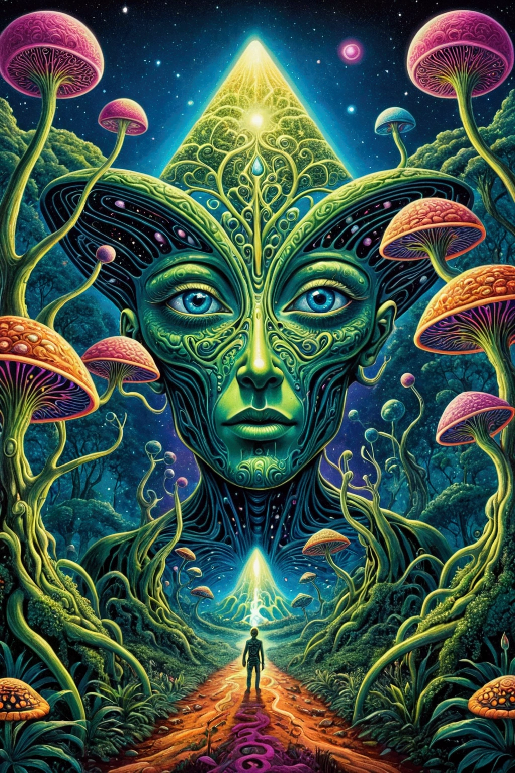 A poster of a psychedelic psychedelic psychedelic psychedelic, extraterrestrial paradise, psychedelic artwork, Arte Trippy, Viagem DMT, psychedelic artwork, psychedelic acid trip, alien forest in background, on a lush fertile alien planet, psychedelic trip, Surreal alien realm, Futuristic psychedelic hippie, while tripping on dmt