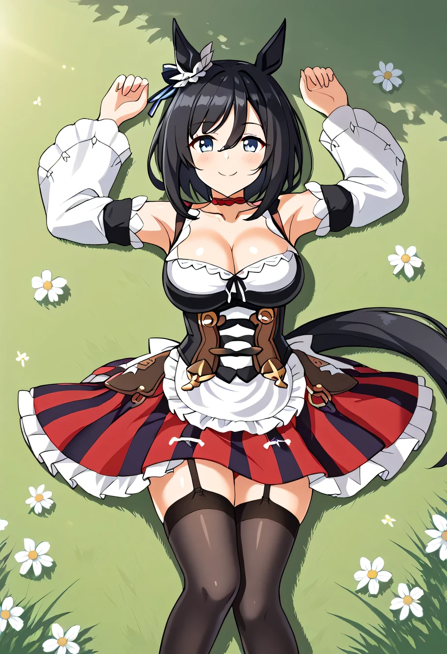 EishinDefault, animal ears, ear ornament, tail, medium hair, red choker, dirndl, cleavage, detached sleeves, corset, frills, striped skirt, red skirt, black thighhighs, shiny skin, high quality, solo, lying, on back, arms up, spread arms, closed mouth, on grass, (cowboy shot:1.5), looking at viewer, nervous, smile, best quality,