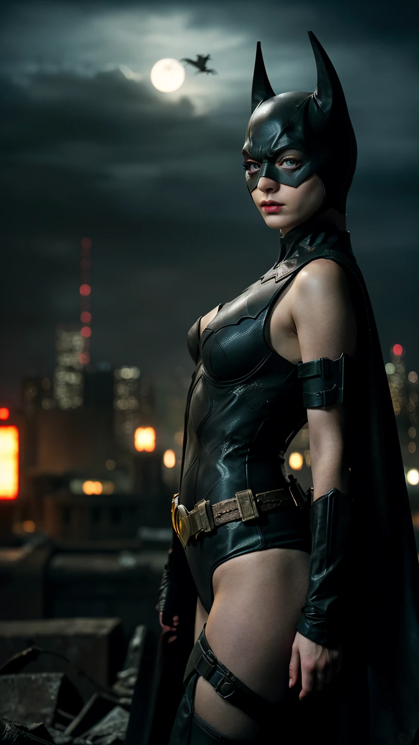 ((masterpiece, highest quality, High resolution, Realistic, to be born, 8k wallpaper)), (Huge and stunning goddess shot, Very hot and sexy,(( Ready Pose)),A menacing posture and a sharp gaze,Amazing beauty, Perfect balance, Beautiful body, Slim body beauty: 1.4), 夜の街のスカイラインを見下ろす屋上に立つBatman, Gotham city background, nighttime in Gotham city, Gotham city, 映画Batmanから, Gotham city double exposure, Gotham city style, Batmanのフィルムスチル, metropolis filmic Gotham city, サイバーパンクBatman, Batman映画の静止画, Batman映画ではスチルシネマティック, Gotham setting, Batman, Gotham,