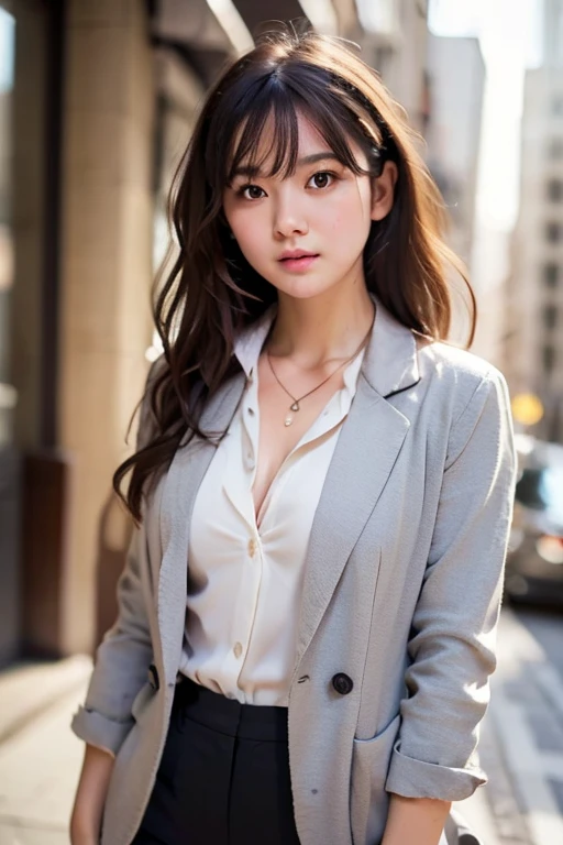 Wavy Hair, Grey Textured Blazer, White collared shirt, Delicate necklace, Are standing, Turn your body slightly to the left, Smooth Skin, Outdoor urban environment, Buildings and streets, Natural light, Light from the top left, Soft Shadows, Formal and professional atmosphere, Eye level angle, Shallow depth of field, Focus on the subject, Well exposed, No Motion Blur