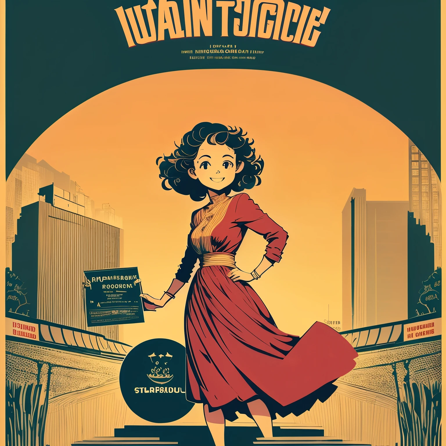 1 petite adult woman, tiny body, round face, curly hair, smile, drinking, advertising poster style, english title-logo, full length, shy pose,