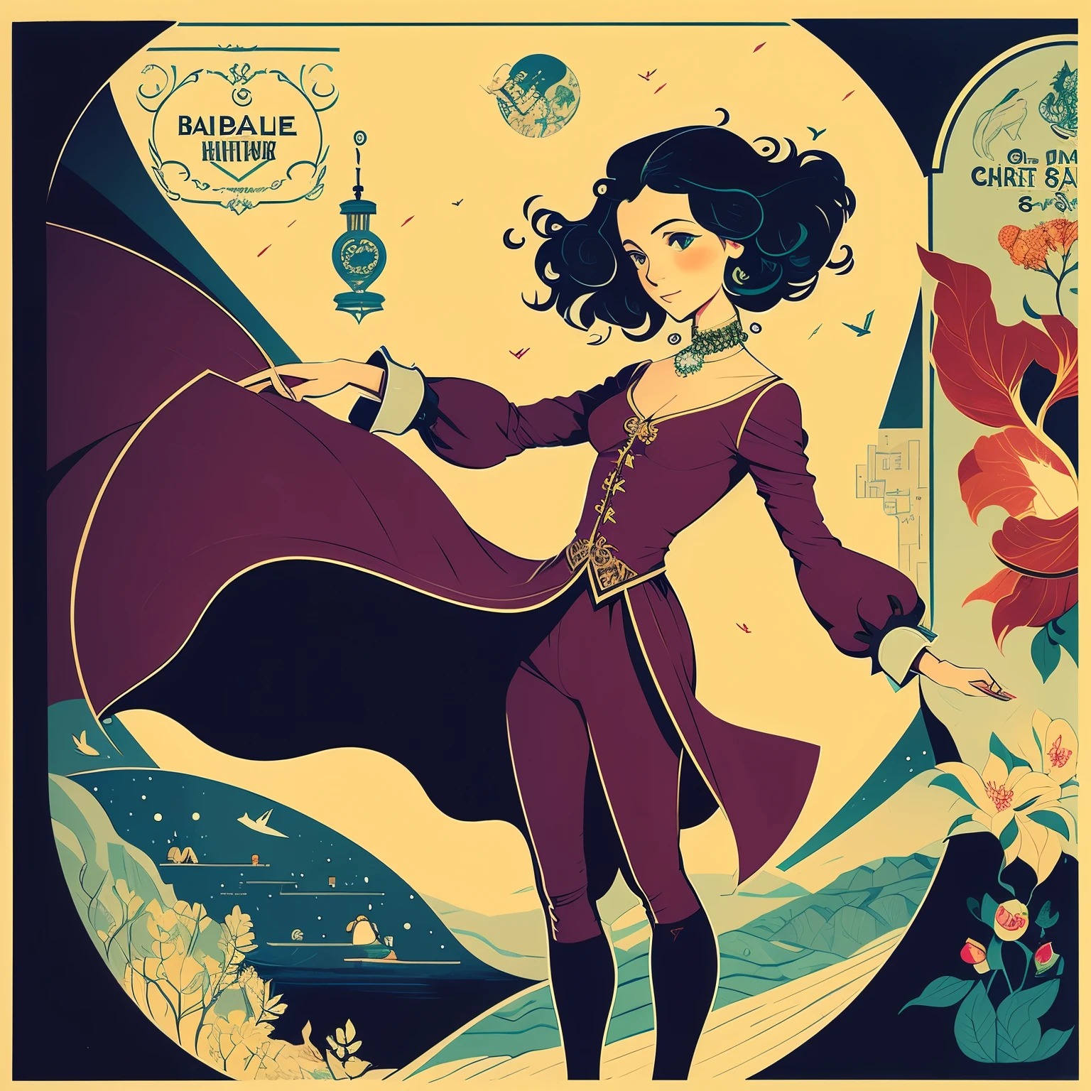 1 ite adult woman, tiny body, round face, curly hair, smile, drinking, advertising poster style, english title-logo, full length, shy pose, George Barbier: Art-Déco style, Marc Chagall style,