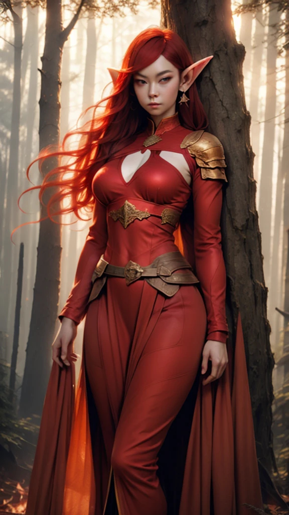 1girl, Solo, fire elf,pointed ear, best quality, expressive eyes, perfect face, red haired like fire waves like flame, perfect body, big breast, steam smoke came out from body, sweat body, wearing sexy red flaming armor, burning forest scene and background,smoke an dust, hot atmosphere, realistic photography, 8k full hd, dynamic lighting and colour, 